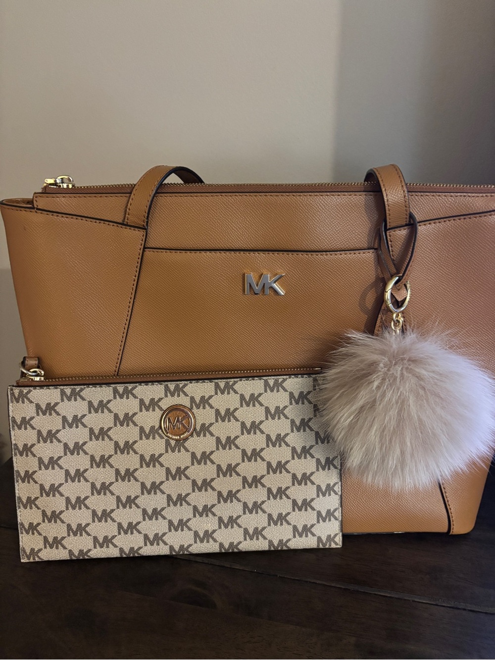 Michael Kors Cognac Saffiano Leather Tote with Logo Zip Pouch and Fur Pom
